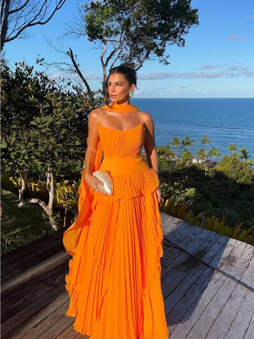 Orange Strapless Sleeveless Chiffon Dress A-Line with Zipper Pleats